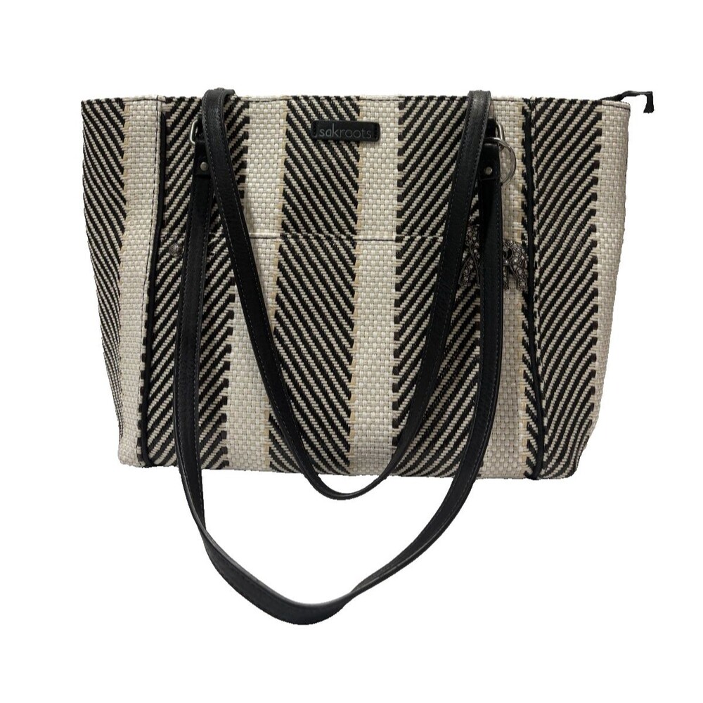 Sakroots Women's Metro Tote Strip Woven Black Beige White Shoulder Bag Charm